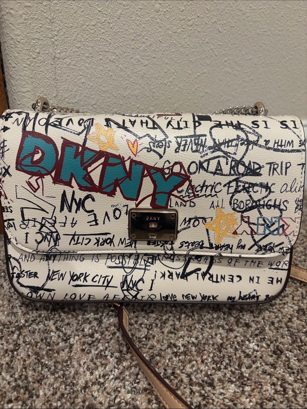 DKNY Cream Graffiti-Print Shoulder Bag with Multicolor Accents